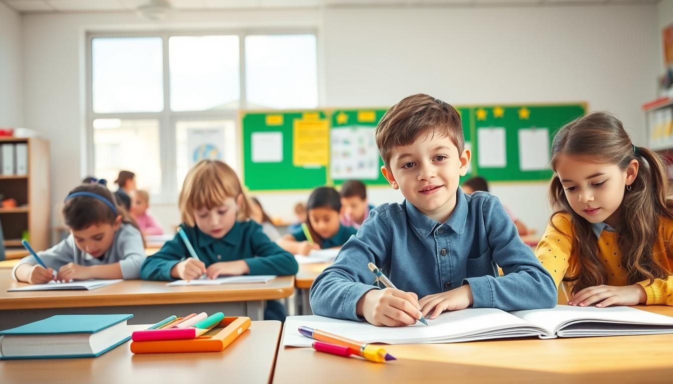 Students studying together in modern classroom